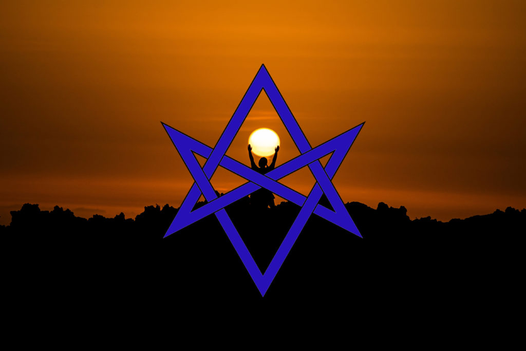 silhoutte of a person saluting the sun with a unicursal hexagram superimposed over the top