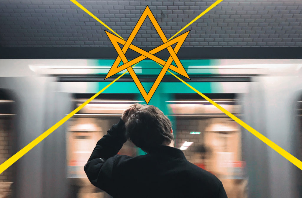 image of a person standing next to a rushing train, unicursal hexagram over their head, radiating them