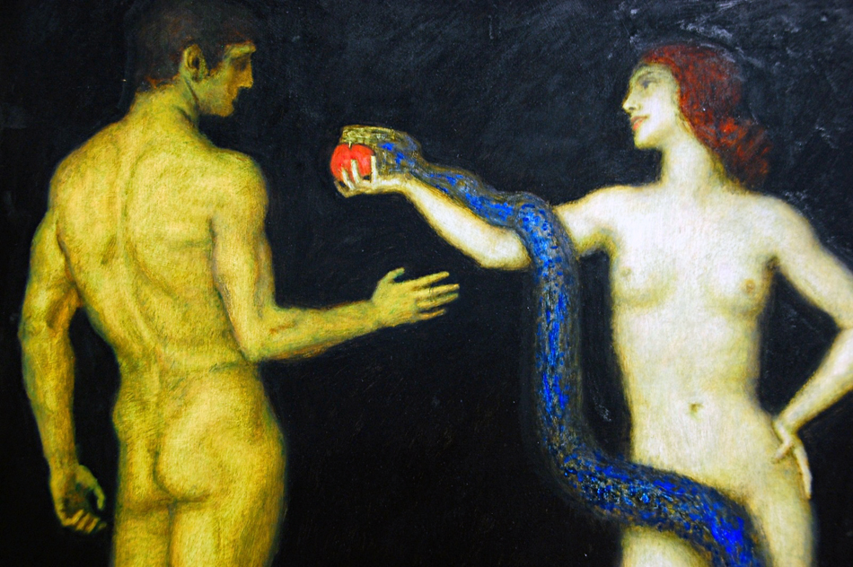 Adam and Eve by Franz von Stuck depicts Eve giving Adam an apple with a serpent biting it.