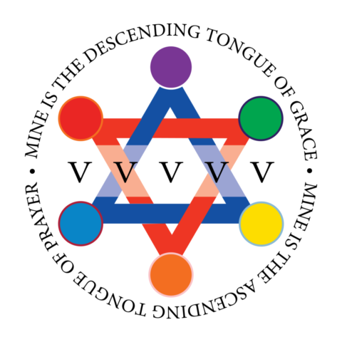 A representation of the heavenly hexagram from column CXXIV of Liber 777. Around the outside it say, "Mine is the descending tongue of grace," and "Mine is the ascending tongue of prayer."