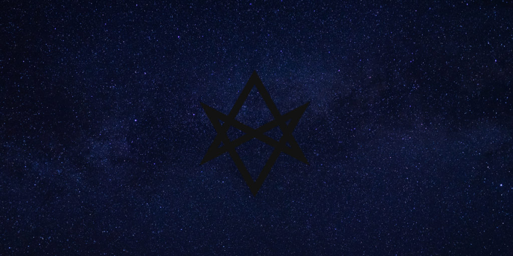 image of stars in the universe with a dark unicursal hexagram superimposed over them