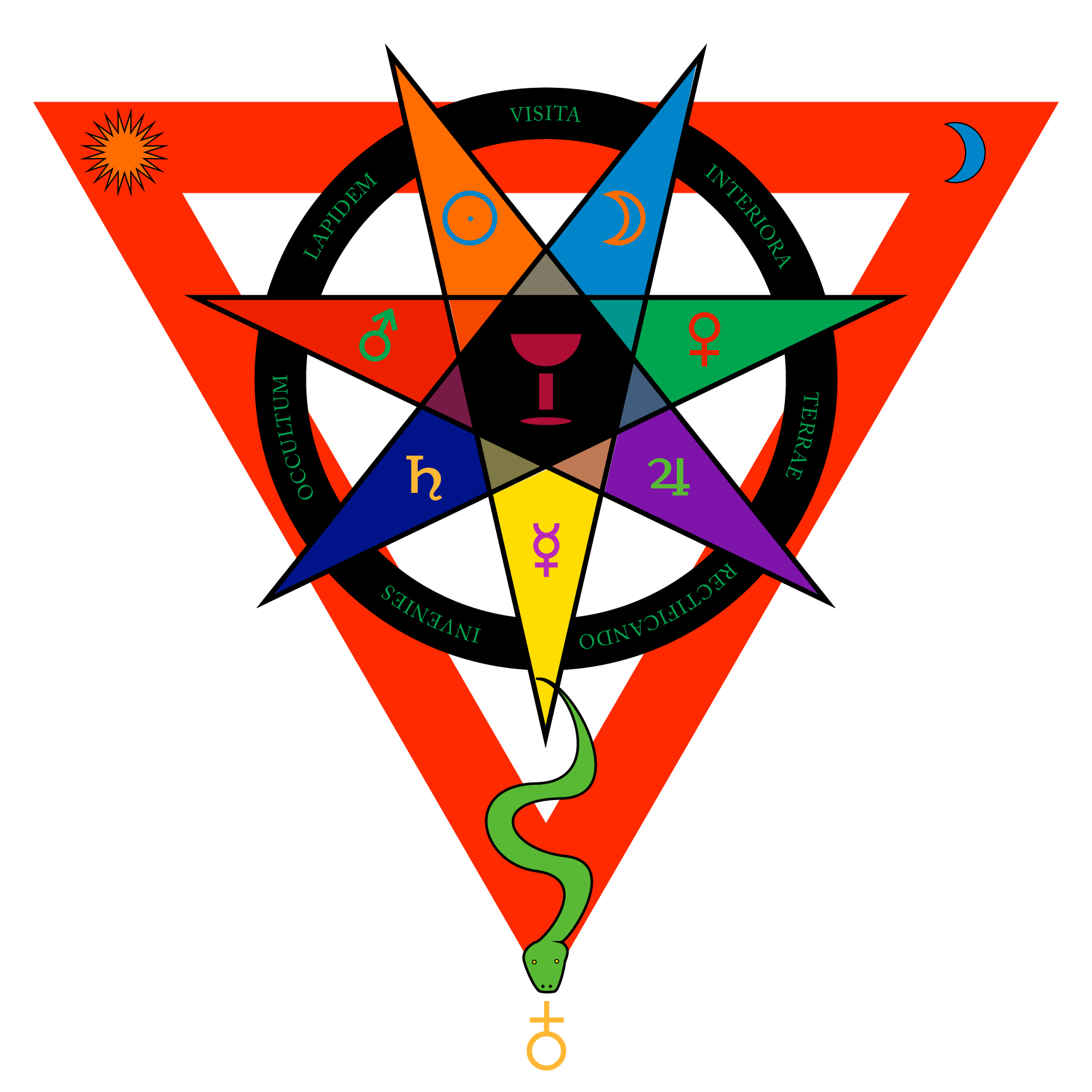 Red downward pointing triangle with sun and moon in upper left and right corners and a serpent descending from the lower point toward the alchemical symbol of antimony or earth. In the triangle is a 7-pointed star, in each section of which is a planetary symbol. In the center is the grail. Around the whole is a circle on which are the words VISITA INTERIORA TERRAE RECTIFICANDO INVENIES OCCULTUM LAPIDEM.
