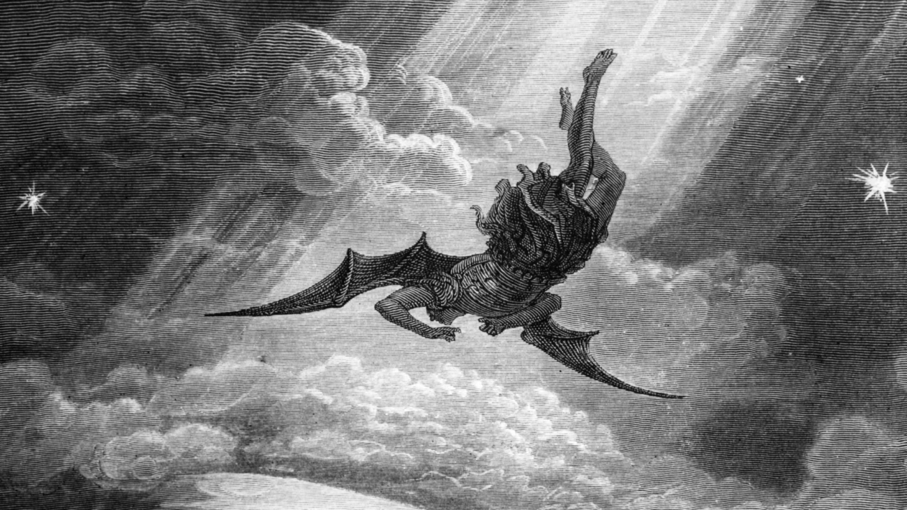 circa 1850:  Satan, the Fallen Angel is flung from Heaven and nears the confines of the Earth on his way to Hell.  An engraving by Gustave Dore from Milton's 'Paradise Lost'.  (Photo by Hulton Archive/Getty Images)