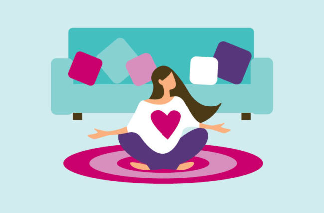 cartoon of a woman with a heart t-shirt meditating on a floor