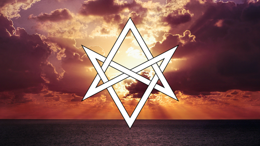 sun rising over the ocean w/ a unicursal hexagram