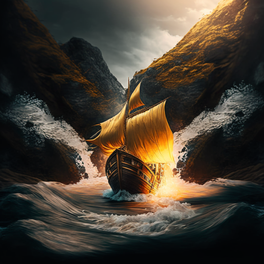 a golden boat sailing down a rushing river