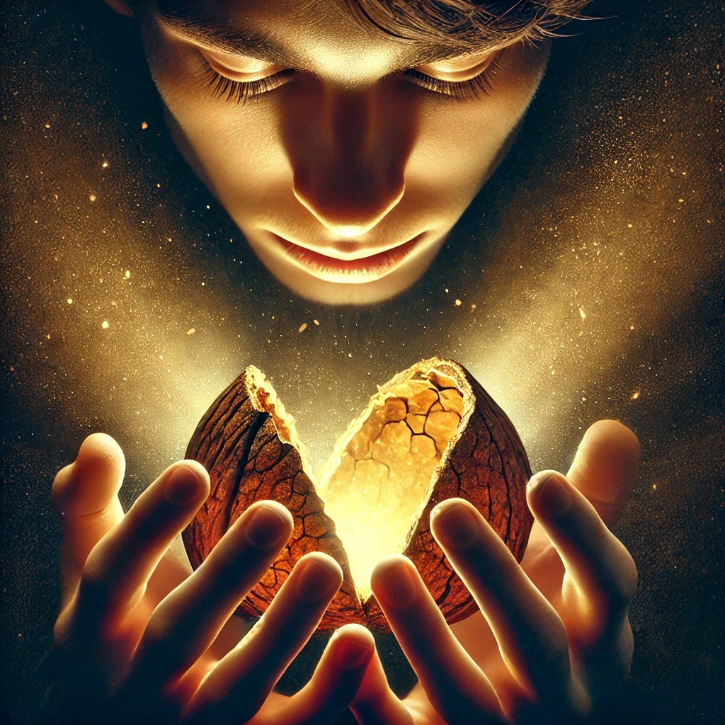 Person opening a shell to reveal light inside