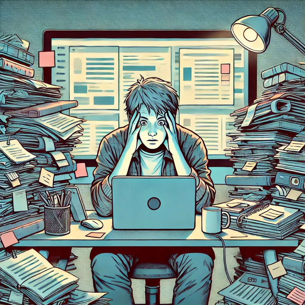 a person looking overwhelmed by too much information and stuff