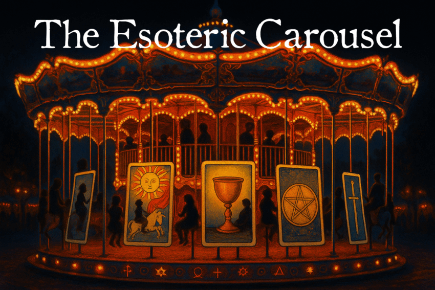 Surreal carnival carousel at night, glowing with golden lights, with giant tarot cards and esoteric symbols instead of horses. Text overlay reads “The Esoteric Carousel.”